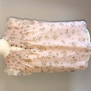 LOFT Pink Swiss Dot Floral Sleeveless Top With Ruffle Trim